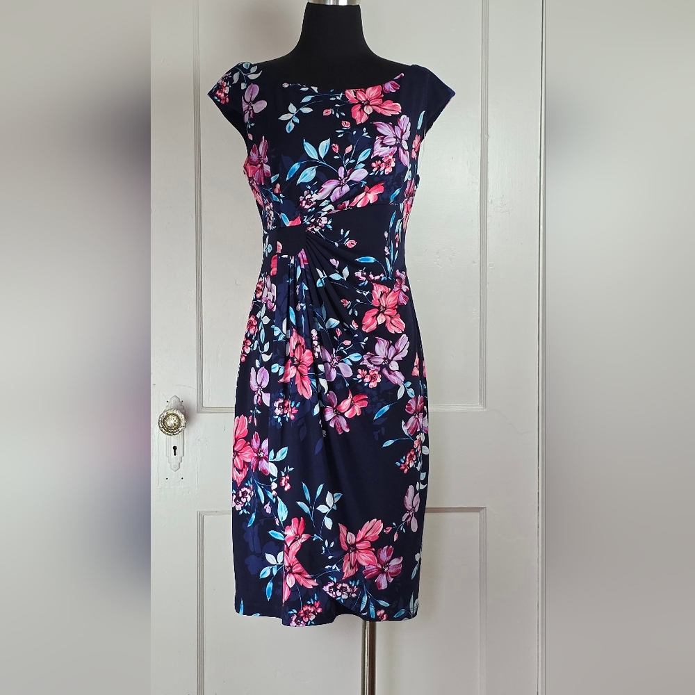 Connected Apparel Navy Blue Knit Floral Dress 10P